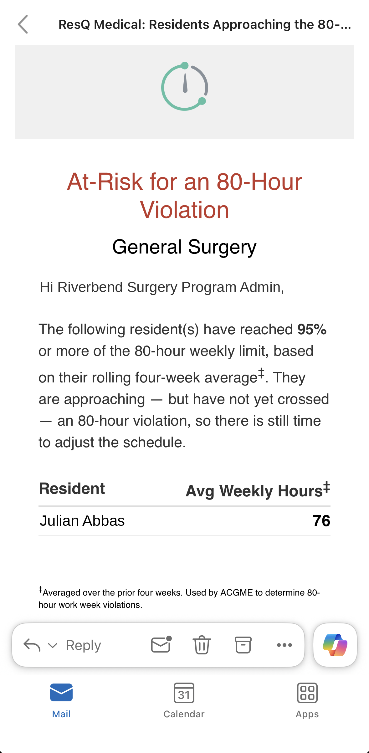 ResQ WorkTime 80-hour duty-hour alert email