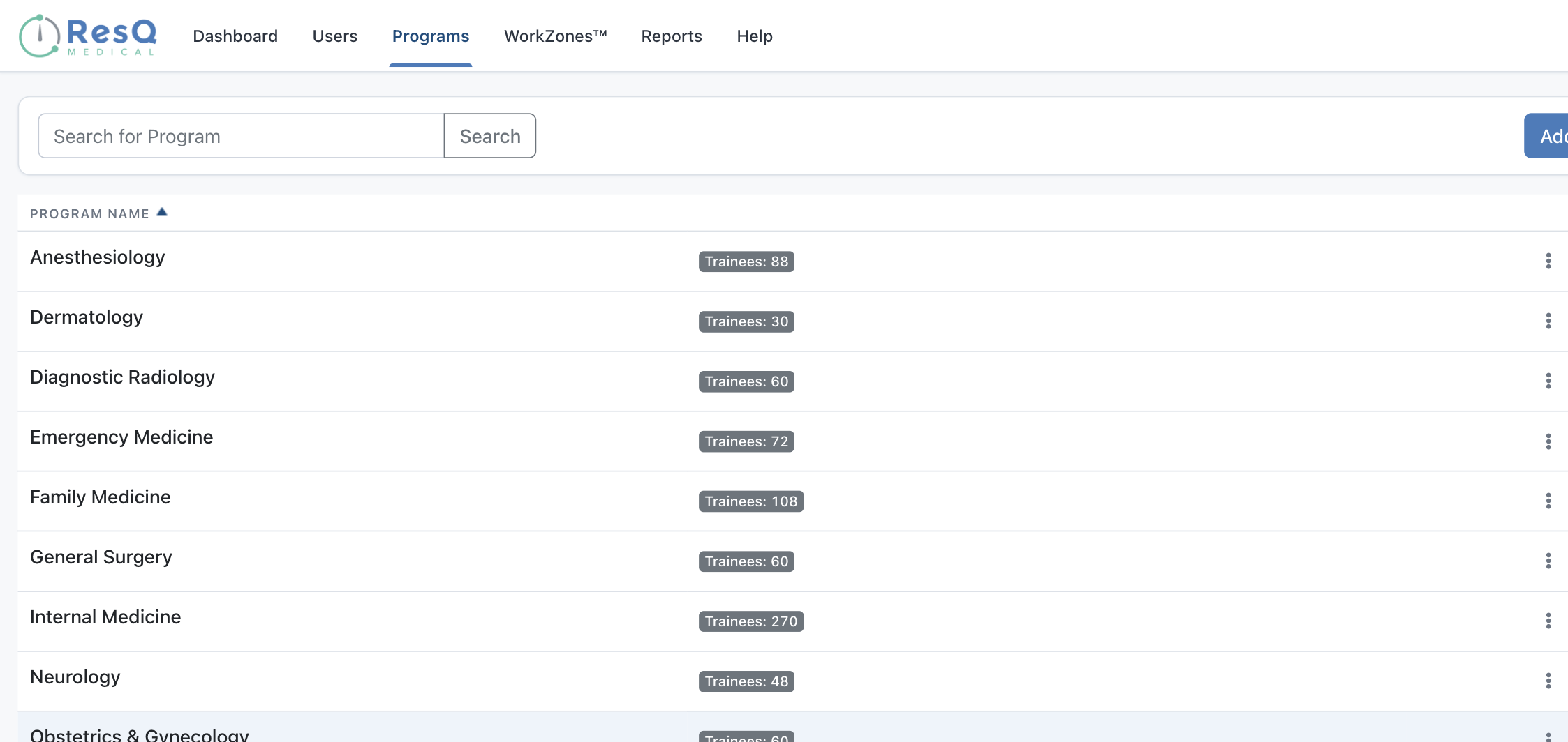 ResQ program administration screen