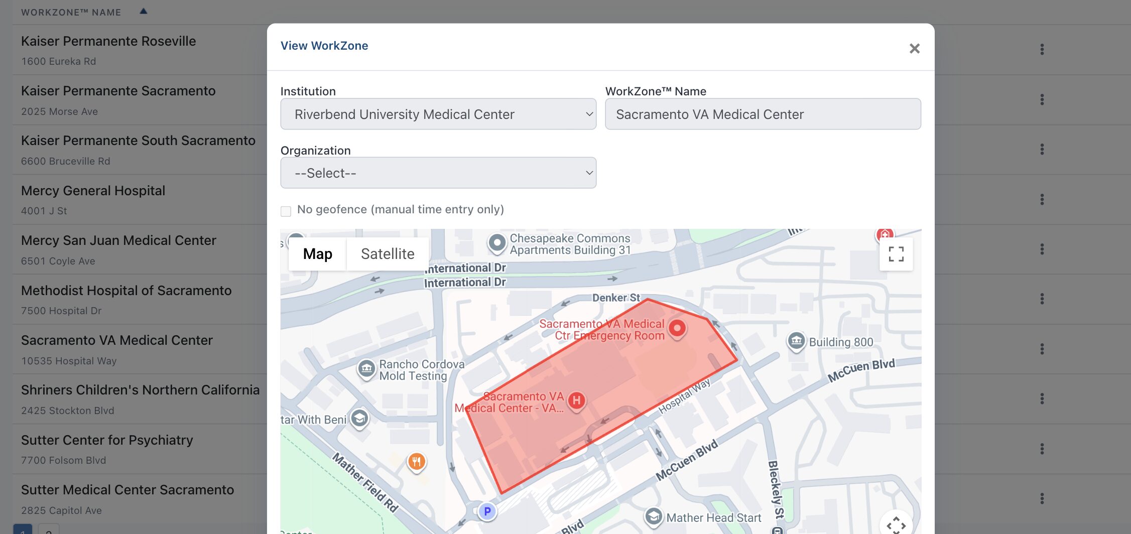 The Sacramento VA Medical Center WorkZone geofence on the map