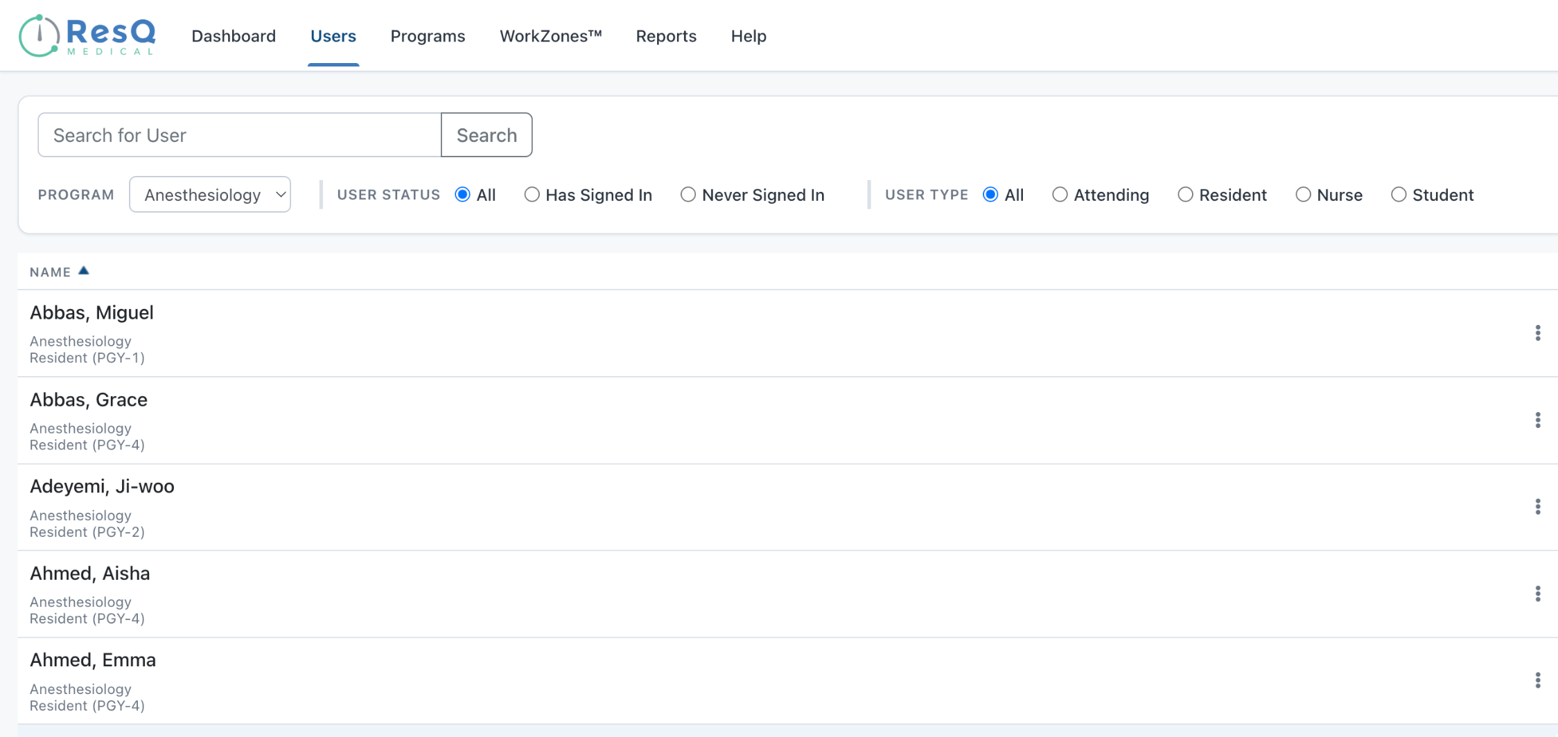 ResQ program roster with filters