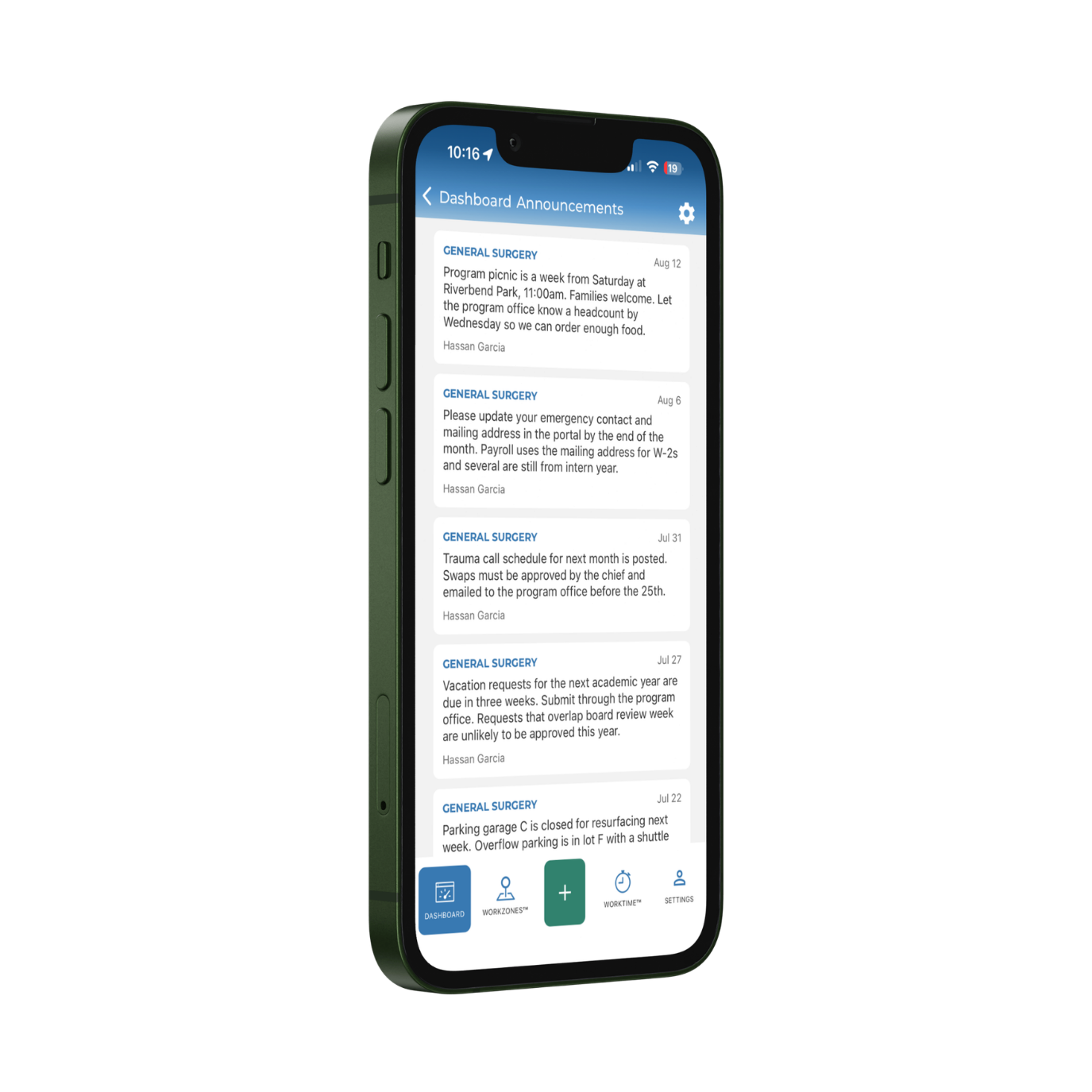 ResQ app Dashboard Announcements feed on a resident's iPhone, showing General Surgery announcements with dates and the poster's name