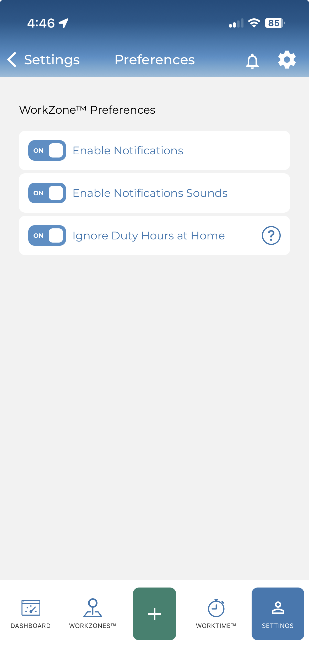The ResQ app, Settings then Preferences, with Ignore Duty Hours at Home toggled ON
