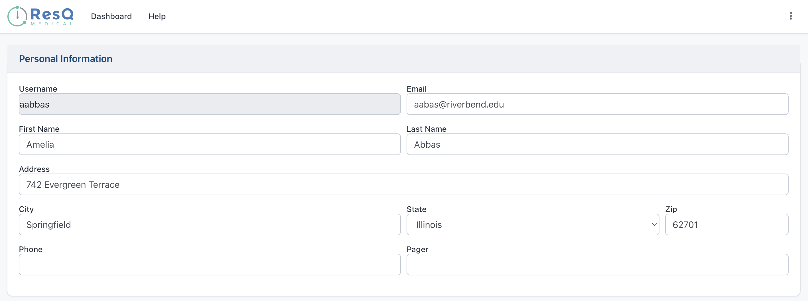 The ResQ web portal, Personal Information, showing the Address, City, State and Zip fields