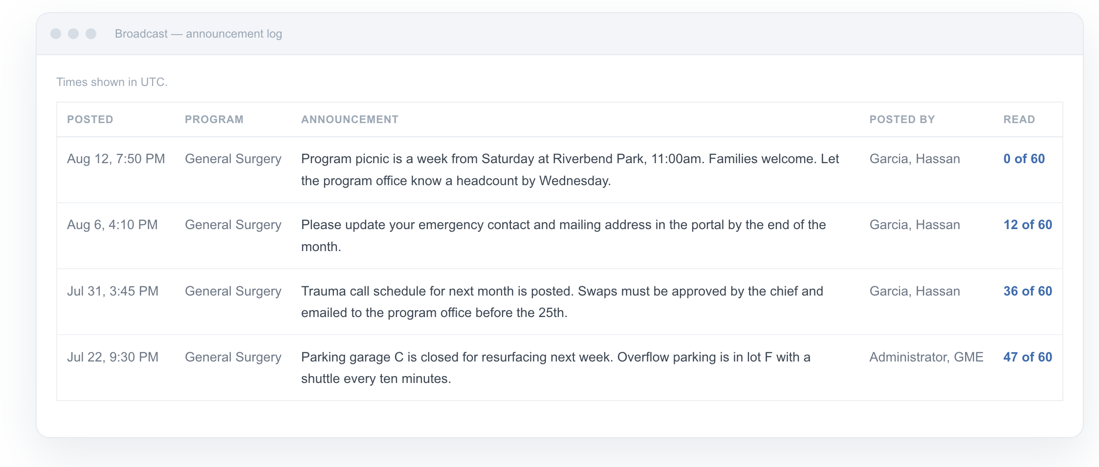 ResQ Broadcast — announcement log: every announcement you\u2019ve sent, who posted it, and how many residents have read it.