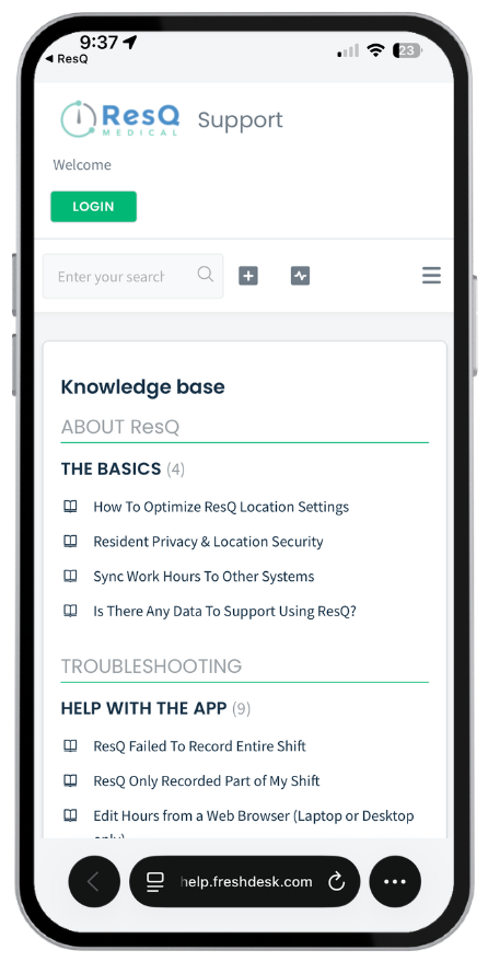 ResQ app Help Center screen