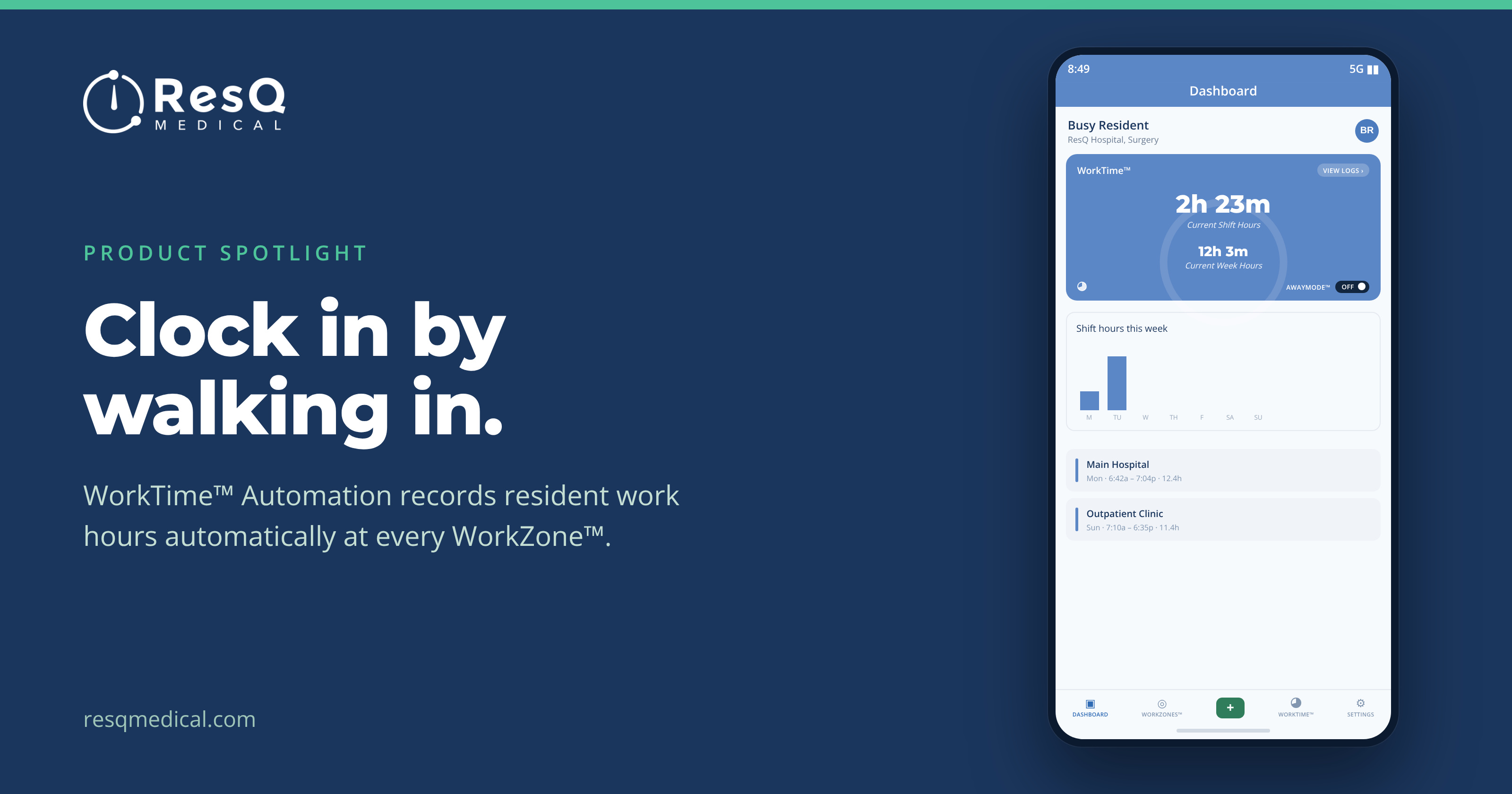 ResQ WorkTime Automation — clock in by walking in. The ResQ app recording resident work hours automatically at a WorkZone.