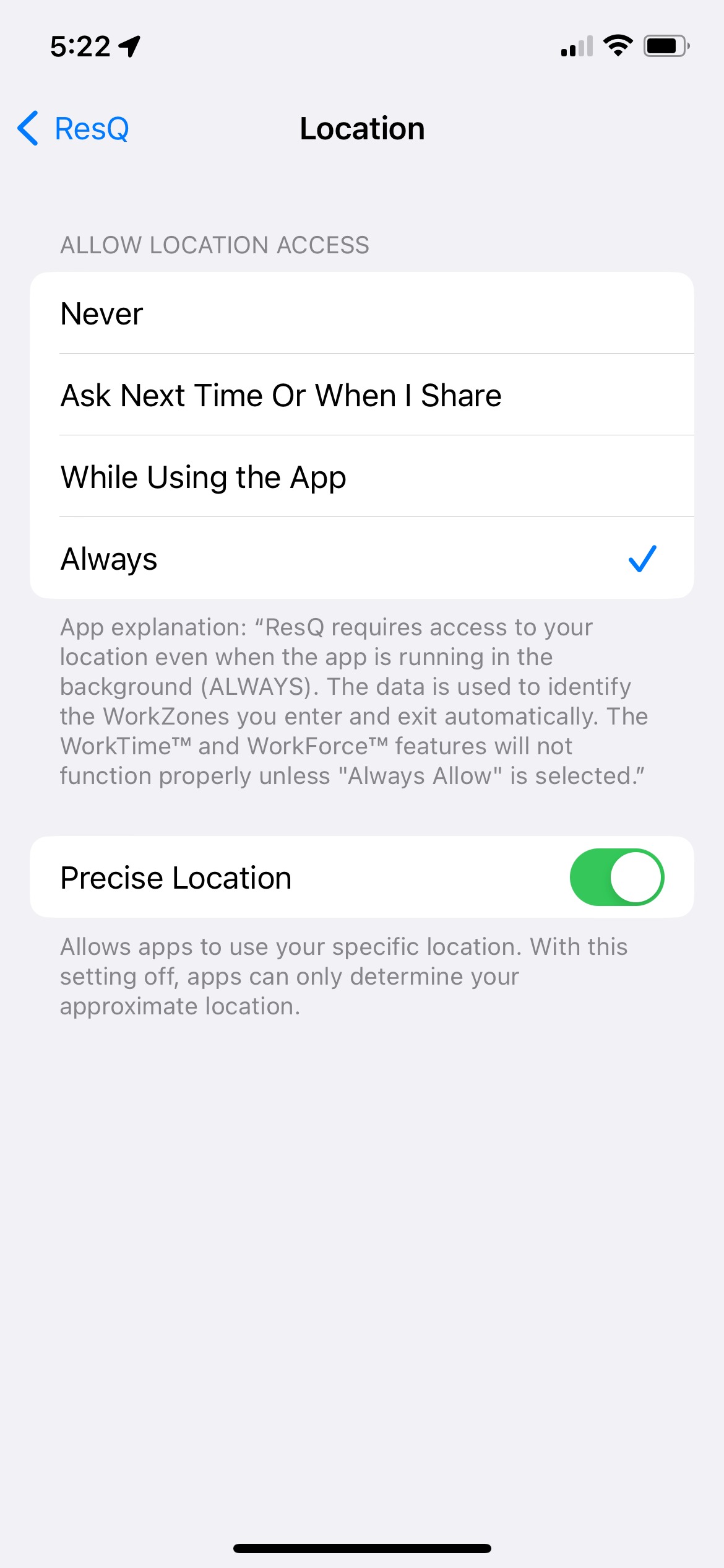 iPhone Location settings for ResQ, showing Always selected and Precise Location switched on