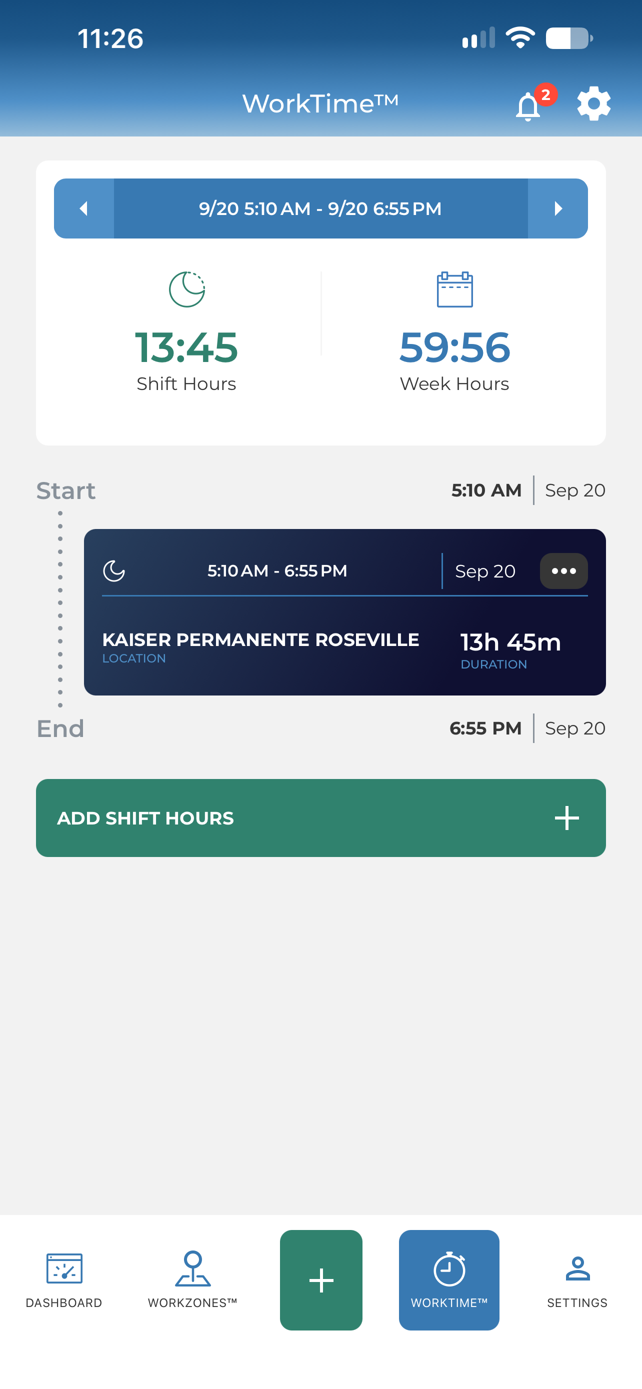 The WorkTime screen in the ResQ app showing a recorded shift and the green Add Shift Hours button