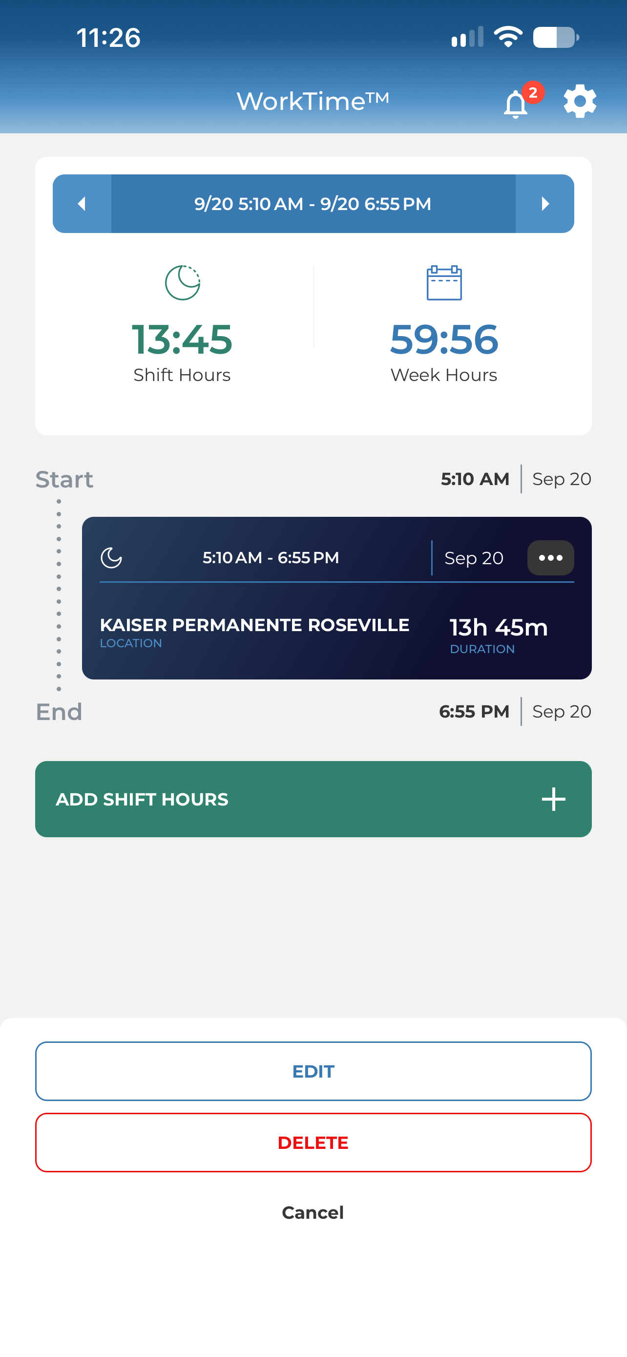 A shift card in the ResQ app with the Edit and Delete panel slid up from the bottom