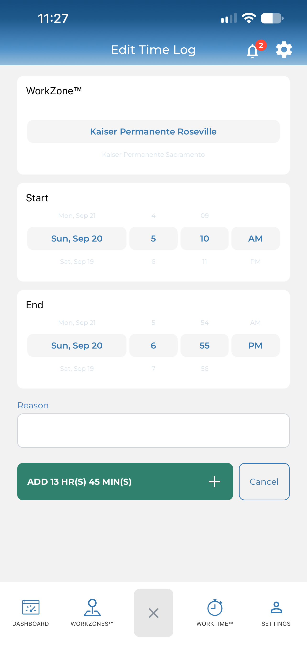 The Edit Time Log screen with the WorkZone, start and end already filled in and a Reason field below