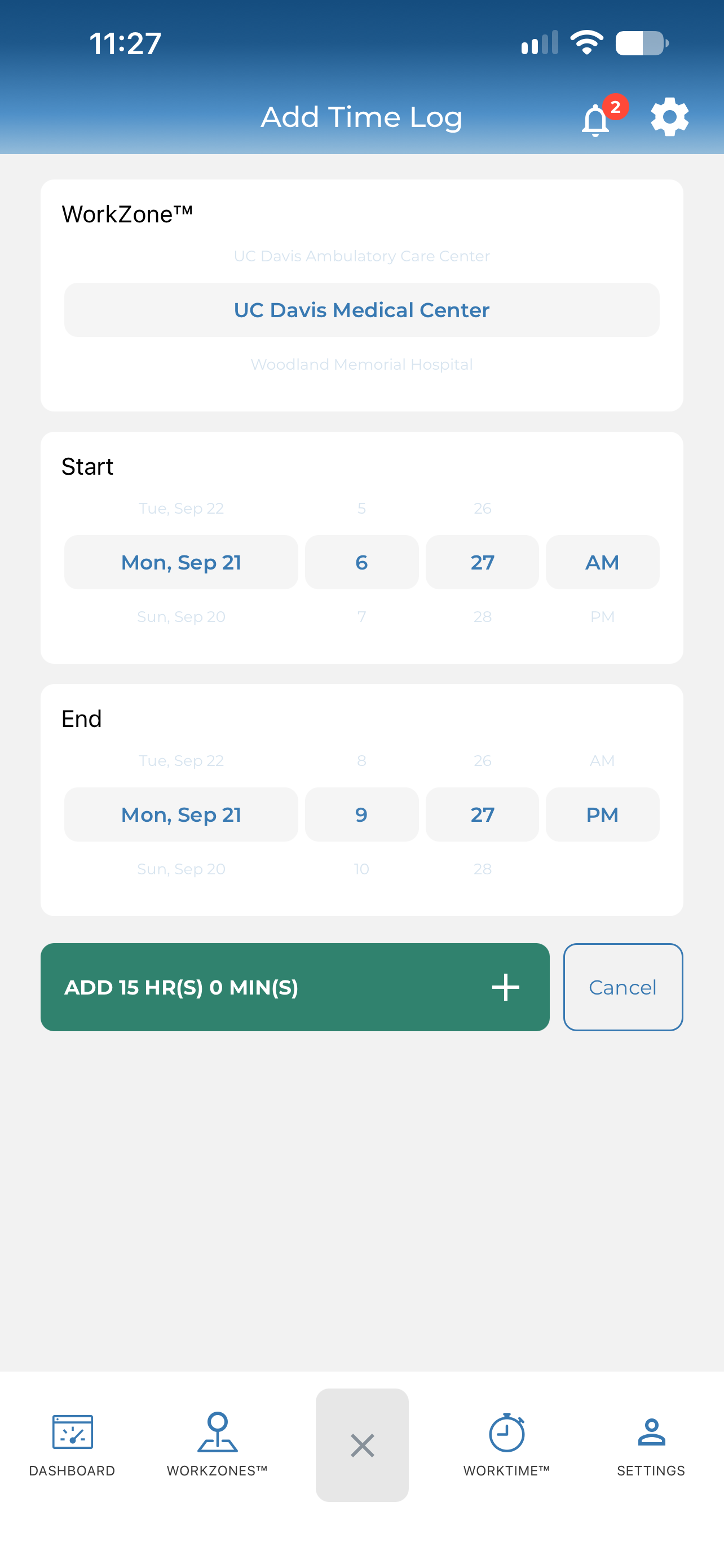 The Add Time Log screen showing a WorkZone picker and start and end time wheels