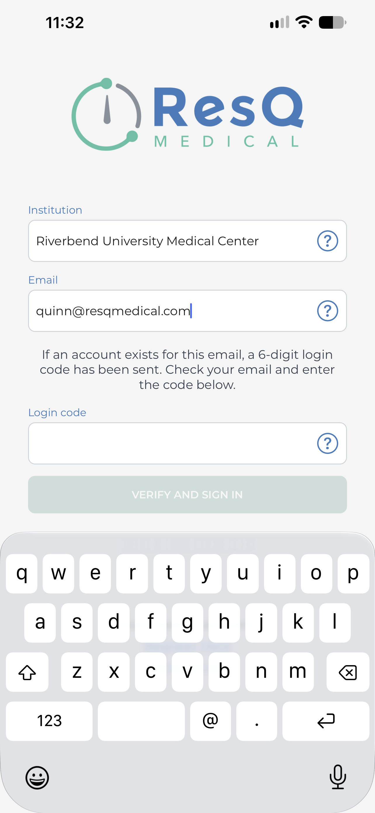 The ResQ sign-in screen with a login code field and a Verify and Sign In button