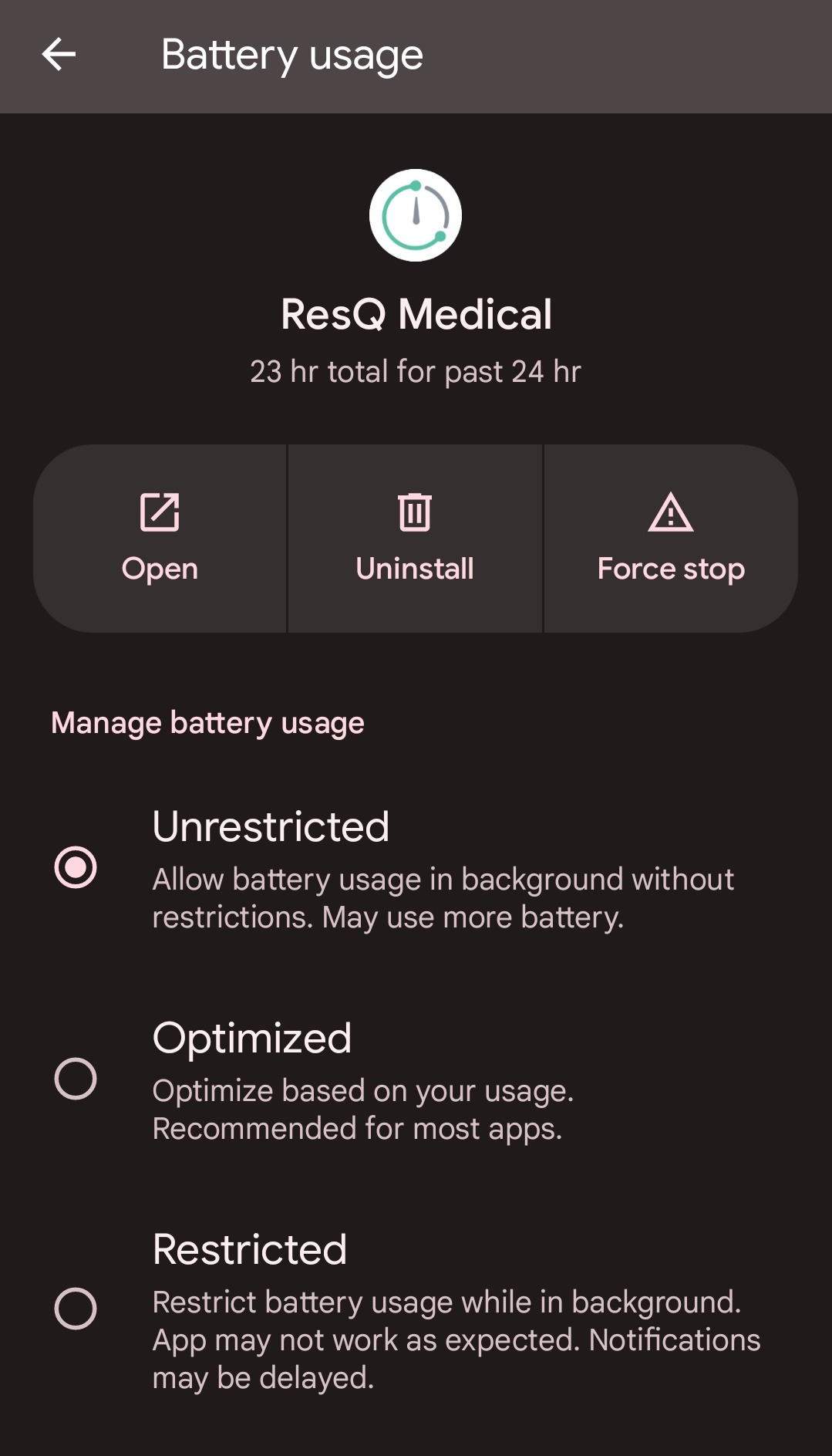 Android battery usage screen for ResQ Medical with Unrestricted selected