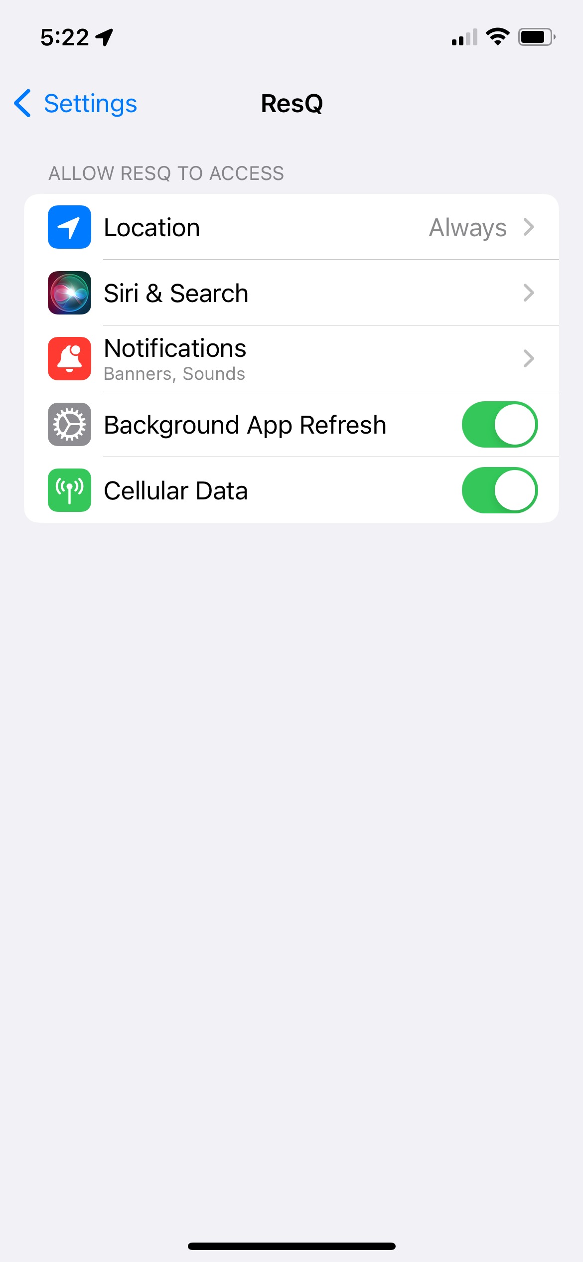 iPhone settings screen for the ResQ app showing Background App Refresh and Cellular Data switched on
