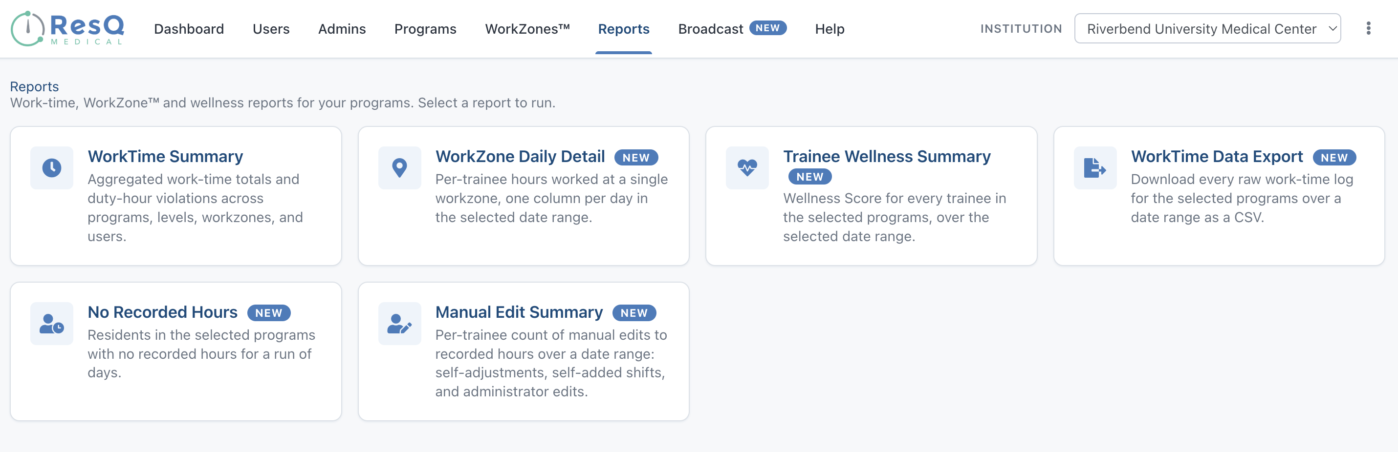 The ResQ report catalog showing all six work-hour and wellness reports