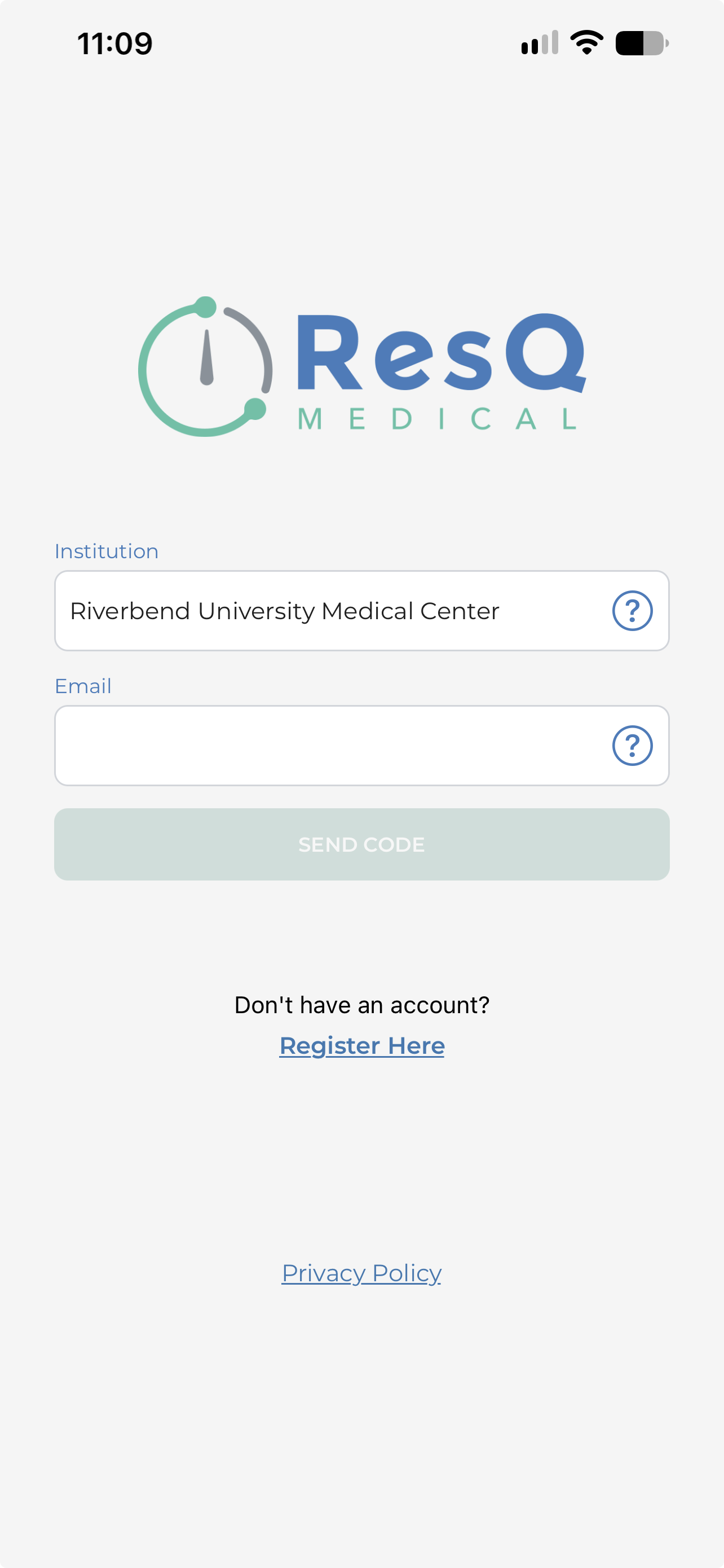 The ResQ sign-in screen with Institution and Email fields and a Send Code button