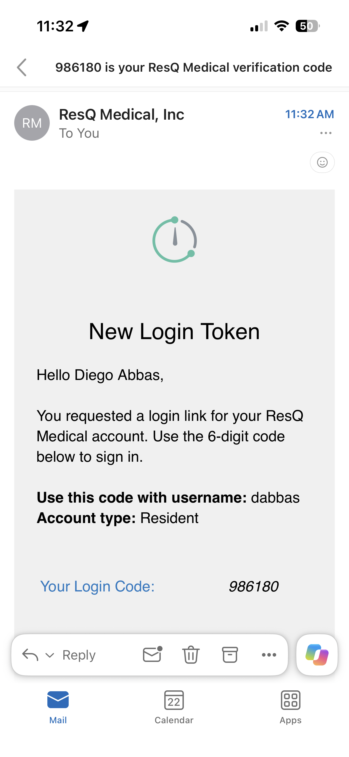 The ResQ Medical email containing a six digit login code