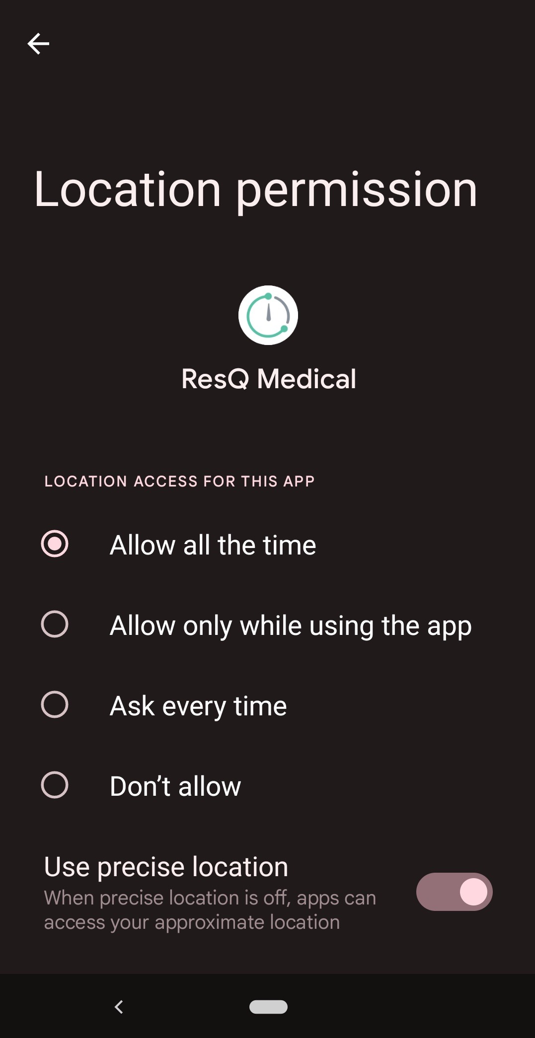 Android location permission screen for ResQ Medical with Allow all the time selected and Use precise location switched on