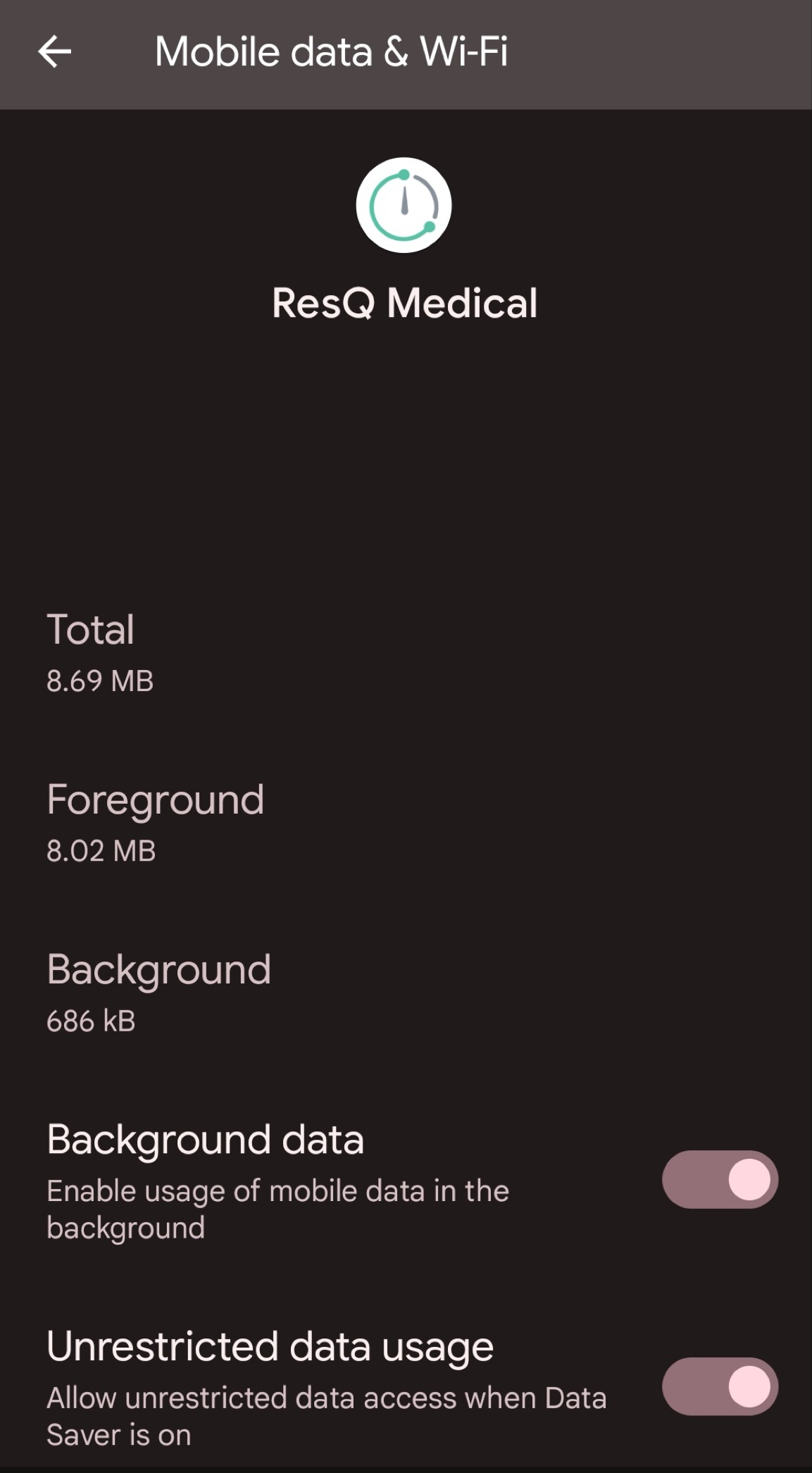 Android mobile data and Wi-Fi screen for ResQ Medical with background data and unrestricted data usage switched on